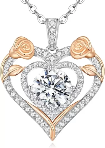 Moissanite Heart Pendant Necklaces for Women, 925 Sterling Silver Gold Plating Rose Flower Lab-Created Gem Necklace, Ideal Anniversary Birthday Christmas Valentine Engagements Mothers Day Jewelry Gifts for Mom Wife Girlfriend Daughter Her