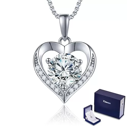 Moissanite Necklace for Women 1.0ct D Color, 18K White Gold Plated Sterling Silver Heart Necklace, Anniversary Gifts for Women, Making It A Perfect Gift for Your Wife, Girlfriend Mom