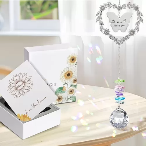 Mom Birthday Mothers Day Suncatcher Gift from Daughter, I Love You Mom Crystal Hanging Ornament, Heart Shaped Rainbow Maker Best Christmas Valentines Day Gifts for Mother