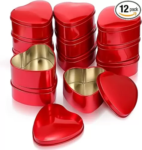 Moxweyeni 12 Pieces Valentine‘s Day Heart Shaped Metal Tins Box with Lids Valentine‘s Day Candy Boxes Cookie Biscuits Jar Empty Tin Box for Candies Treasures Cookies Kitchen Wedding Parties(Red)
