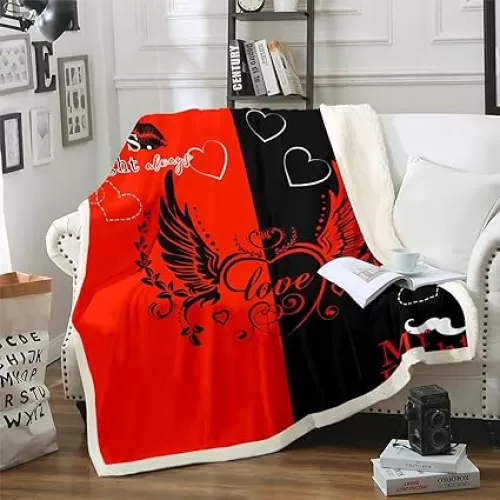 Mr and Mrs Throw Blanket for Wedding Gifts Husband Wife Romantic Couple Love Fleece Blanket, Valentines Day Decor Fuzzy Blanket Love Heart Wings Plush Bed Blanket Black and Red Sherpa Blanket, Queen