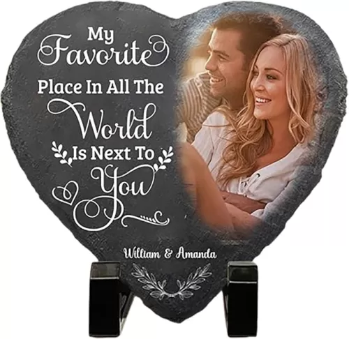 Nazenti Custom Photo My Favorite Place in All The World is Next to You, Heart Shaped Stones Anniversary Valentine's Day Gifts for Him Her, Birthday Gifts for Couple, Romantic Gifts for Husband Wife