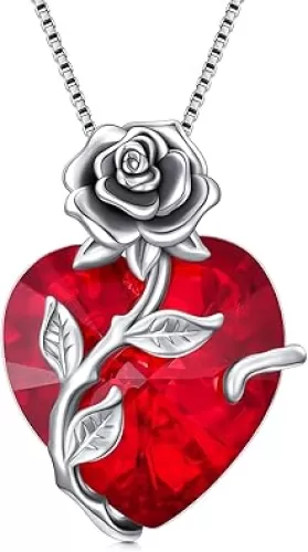OCJ Birthstone Necklace for Women 925 Sterling Silver Rose Flower Heart Pendant Necklace Fine Jewelry Anniversary Birthday Gifts for Women Her Wife Girlfriend