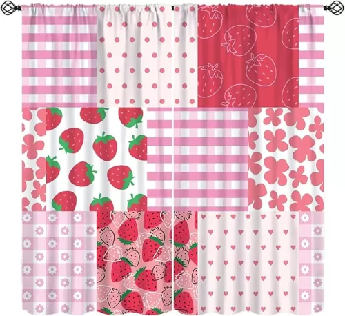 Patchwork Curtains, Pink Strawberry Floral Stripe Heart Blackout Window Treatments, Rod Pocket Thermal Insulated Drapes 2 Panel Sets for Bedroom Living Room, 42" W X 45" L
