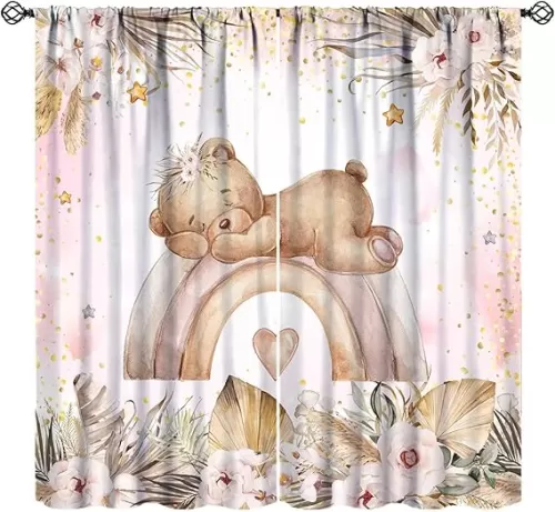 Pink Bear Curtains for Girls, Watercolor Bohemian Tropical Flowers Palm Leaves Cartoon Cute Rainbow Heart Print Window Curtains for Baby Room Living Room, 42x45in (No Blackout)