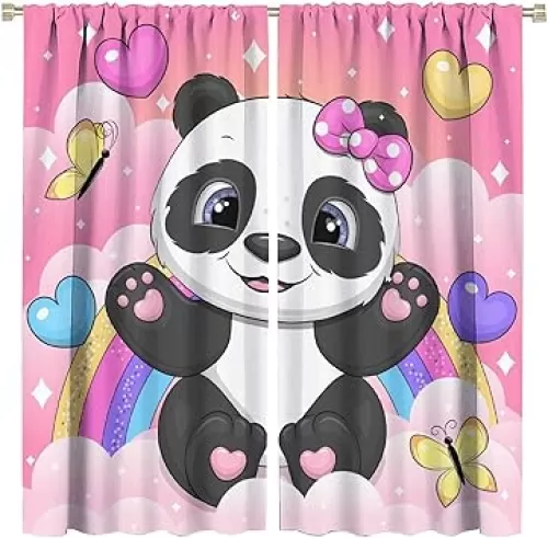 Pink Cartoon Curtains, Happy Panda Heart Rainbow Pink Girls Bedroom Window Decoration, Suitable for Kindergarten Baby Room Room Darkening Blackout Curtains W42 x L45 inches Décor