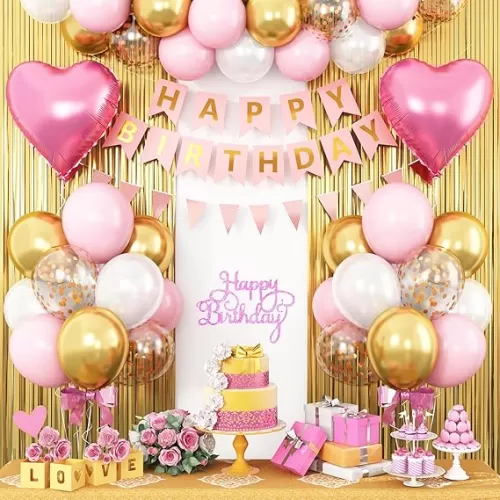 Pink Gold Birthday Decorations for Girls, Happy Birthday Decorations for Women, Gold Fringe Curtain Happy Birthday Banner Pink Heart Foil Balloons for Birthday Party Decoration