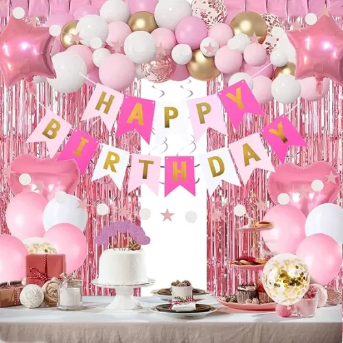 Pink Gold Birthday Party Decorations, Happy Birthday Banner, Pink Fringe Curtain, Heart Star Foil Confetti Balloons, Hanging Swirls for Women Girls Birthdays Princess Party