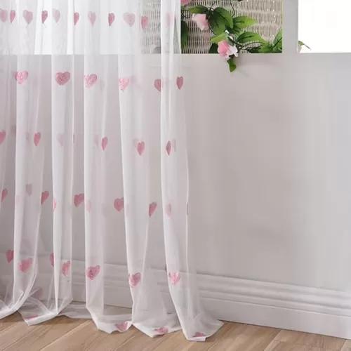 Pink Heart Embroidered White Sheer Curtains for Girls Room Transparent Light Flow Thin Sheer Curtain Window Treatments Grommet Voile Drape for Daughter 1 Set (2 Panels) W52 x L84 inch