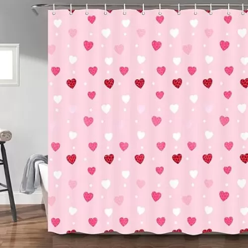 Pink Valentines Shower Curtain Diamond Heart Romantic Love Valentine Theme Bathroom Shower Curtain Waterproof Washable Fabric Bath Curtain with Hooks 71X71 Inch