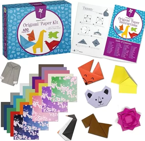 Pinwheel Crafts Origami Paper Kit: 50 Projects with 450 Sheets of Colored and Patterned Paper - Easy Origami Kit for Kids Ages 5-8 - Fun Art and Crafts Gift Set for Boys and Girls