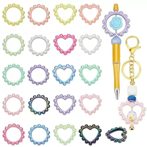 PLIGREAT 20 Pcs Acrylic Focal Frame Beadable O Rings Heart Shape Circle Loop with 2 Holes for DIY Beaded Pen Keychain Focal Bead Loop Jewelry Making Kits DIY Art Crafts Car Charms Hanging Ornaments