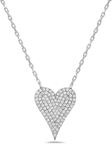 PORI JEWELERS 925 Sterling Silver Cubic Zirconia Pave Heart Charm Pendant Necklace - 18" Anchor Chain