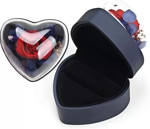 Preserved Flower Rose Ring Box, Heart Shape Velvet Jewelry Box for Valentine