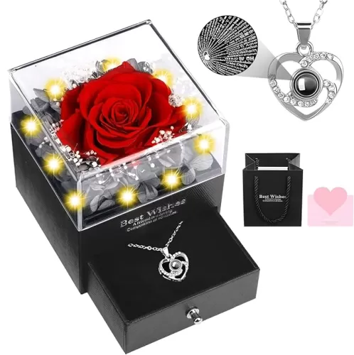 Preserved Real Rose with I Love You Heart Necklace Eternal Flower Roses Romantic Gifts for Her Mom Grandma Wife Girlfriend on Valentines Mothers Day Birthday Christmas Anniversary, A Red