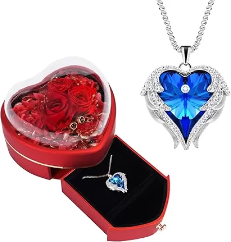 Preserved Rose with Angel Wings Necklace Gift Set for Women.Eternal Rose Gifts for Mom Grandma on Mother's day. Heart Shaped Preserved Rose Box Gift for Her on Valentine's day Anniversary.