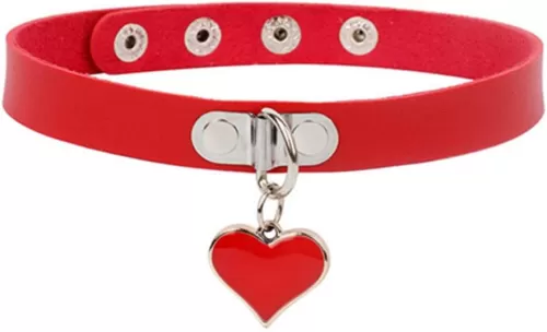 PU Leather Choker Necklace Heart-Shape Punk Goth O Ring and Love Heart Choker Collar Chain for Women (Red)