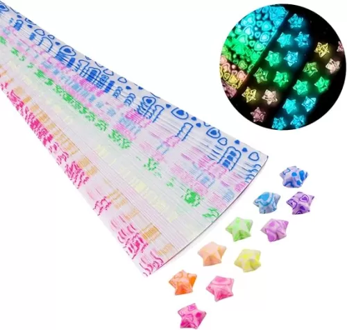 Qunrwe Origami Paper Strips Heart-Pattern Paper 210 Sheets Lucky Stars Luminous Papers for Kids DIY Handmade Crafts, School Folding Star Origami Teaching-10 Colors(Glows in The Dark)