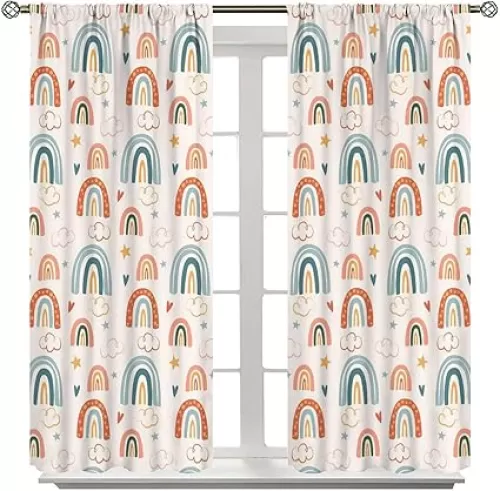 Rainbow Curtains for Girls Room, Abstract Watercolor Cute Rainbow Heart Pattern Darkening Window Curtains Blackout Curtain for Girls Bedroom Nursery 27.5x63in, 2 Panel Set