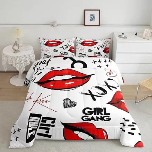 Red Lips Print Comforter Set Kiss Girl Gang Theme Quilt Duvet 3pcs, Black Heart Shape Decor Bedding Set for Kids Girls Boys Teens, Microfiber Polyester for Dorm Bedroom, Queen Size White