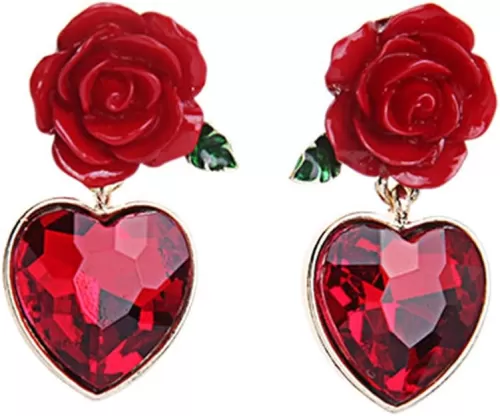 Red Rose Flower Stud Earrings, Vintage Simulated Ruby Heart Stud Earrings Gothic Red Rose Dangle Drop Earrings Cute Earrings for Women