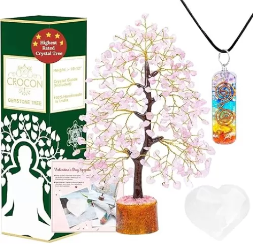 Rose Quartz Crystal Tree Valentines Day Gifts for Her Combo Set of Sakura Tree Love Chakra Pendant & Clear Quartz Heart Stone Unique Gifts for Women Gift for Wife Girlfriend