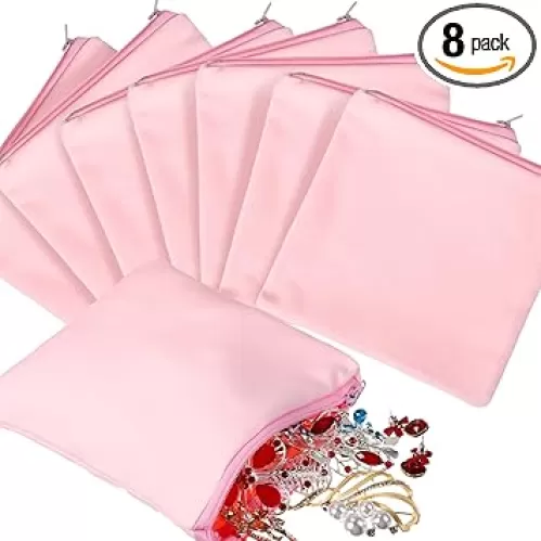 Sanwuta 8 Pcs Zippered Silver Storage Bags Anti Tarnish Silver Pouches Keeper Jewelry Storage Protector Bags(9 x 12 Inch, Pink)