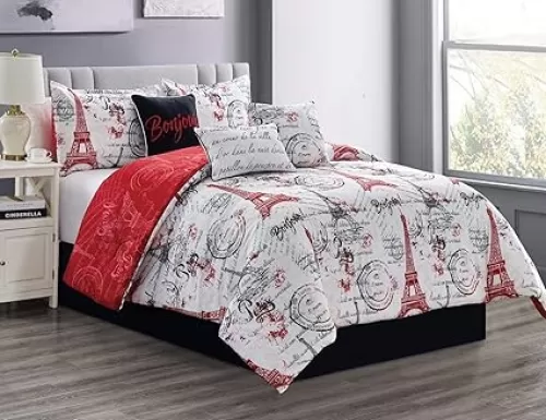 Sapphire Home Queen Size Comforter Set in a Bag - 7 Piece Paris Bedroom Comforter Set with Shams, Bedskirt Cushions, Eiffel Tower Bedding for Shabby Chic and Stylish Bedroom Decor - Red, Black & White