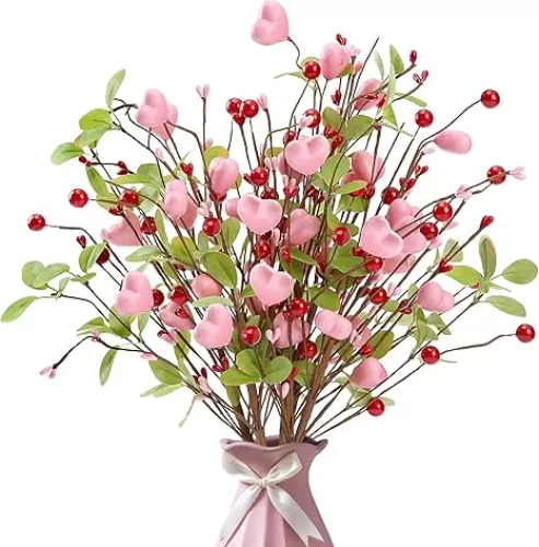 Sggvecsy Valentine’s Day Gifts 6 Pcs Heart Shaped Berry Picks Artificial Red Berry Twigs Flower Stem Branches with Pink Heart Greenery Leaveas for Valentine’s Day Anniversary Wedding Home Decor