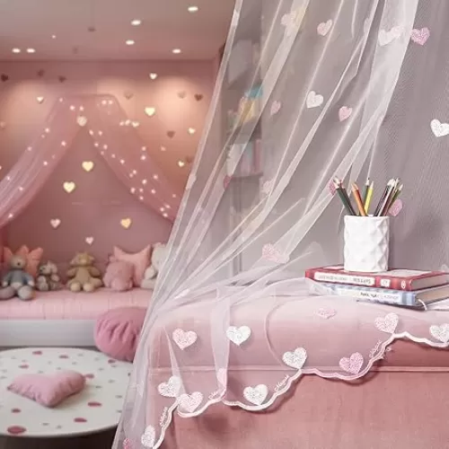 Sheer Curtains, 84 Inches Long, 2 Panel Set, White Voile with Linen Lace, 3" Rod Pocket (Pink Hearts, 52" W x 84" L, Pack of 2)