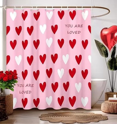 Shower Curtain for Bathroom Decor Curtains Red Heart Bathtub Cortinas de Baño Cute Decorative Unique Design Pretty Women 72 x72 Inch