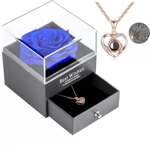 Skalago Preserved Real Rose with Heart Necklace I Love You in 100 Languages Gift Set, Handmade Enchanted Real Rose Flower for Valentine’s Day Anniversary Birthday Romantic Gifts for her (Blue)
