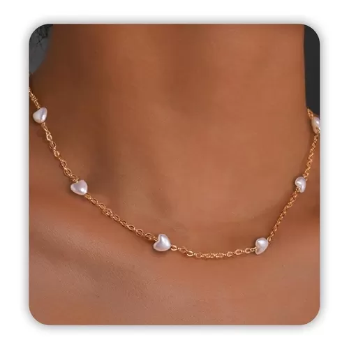 SmileBelle Gold Pearl Necklace, Heart Necklace as Pearl Jewelry Dainty Necklace for Women, Summer Jewelry Gold and Pearl Choker for Anniversary Gifts White Pearl Necklace as Wedding Jewelry