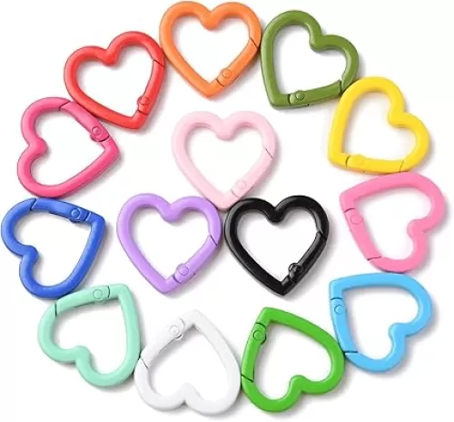Stiesy 28 Pcs 14 Colors Love Heart Spring Gate Rings 7 Gauge Heart Ring Clasp for Jewelry Making Bag Purse Strap Keyring Mobile Phone Strap Chain Making