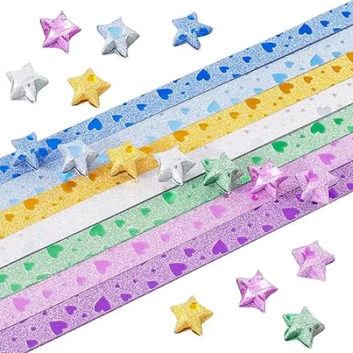 SUNNYCLUE 560 Sheets 7 Colors Lucky Star Paper Strips Shiny Large Star Folding Paper Colorful Glitter Love Stars Origami Blue Silver Yellow Green Purple Heart Pattern Paper for Crafts DIY Arts Project
