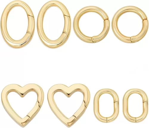 SUNNYCLUE 8Pcs 4 Styles Real 18K Gold Plated Spring O Rings Jewelry Oval Clasp Heart Round Brass Gate Ring Trigger Carabiner Clips Keyring Snap Hook Buckle for Purse Jewelry Bags Lanyard DIY Crafts