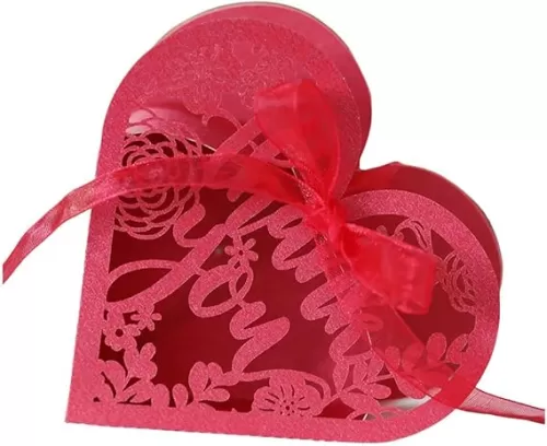 Surakey Pack of 50 Laser Cut Flower Favor Boxes Reflective Gold Rose Thank You Candy Containers in Pearl Paper Heart-Shaped Love Boxes for Wedding Bridal Shower Anniverary Party Favor (Red)