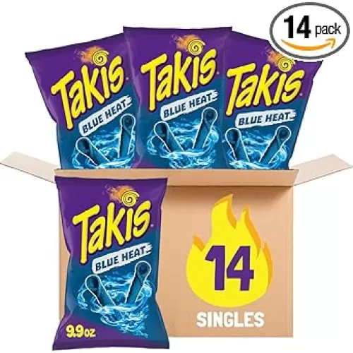 Takis Blue Heat Rolled Tortilla Chips, Hot Chili Pepper Artificially Flavored, Multipack Box with 14 Bags of 9.9 Ounces, Net Weight of 8 Pounds 10.6 Ounces