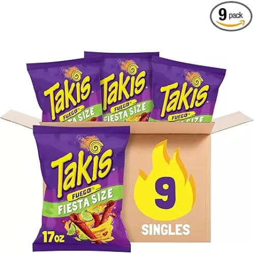 Takis Fuego 9 ct, 17 oz Fiesta Size Case, Hot Chili Pepper & Lime Flavored Extreme Spicy Rolled Tortilla Chips