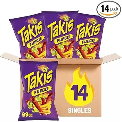 Takis Fuego Rolled Spicy Tortilla Chips, Hot Chili Pepper Lime Flavored, Multipack Box 14 Bags, 9.9 Ounces Each