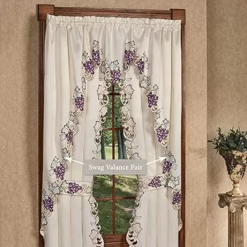 Touch of Class Cabernet Embroidered Long Swag Valance Pair - Polyester - Cream, Purple, Green - Grape Themed Table Decor for Dining Room, Kitchen, Counter, Island - Scalloped Edges