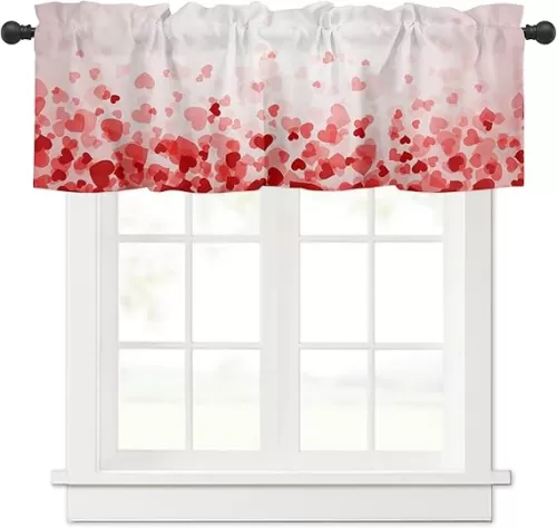 Valentines Curtains Kitchen Window Valance Pink Love Heart Valentine's Rod Pocket Valances Windows Treatments 1 Panel Short Curtain 54x18 Inch for Bathroom Living Room Decor