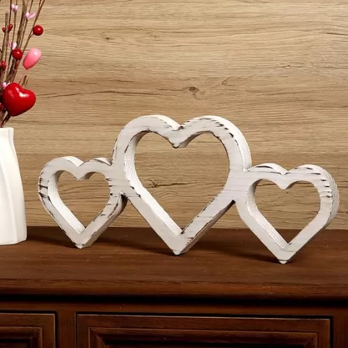 Valentines Day Decor, White Rustic Wooden Heart Table Decorations Sign, Farmhouse Freestanding Heart Shaped Valentines Decorations for the Home Family Table Décor Valentines Day Gifts
