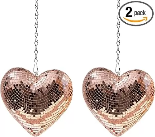 Valentines-Day Gift Heart Shaped Disco-Ball - 2 Pack Rose Gold Mirror Disco Balls for Valentines Day Gift Party Reflective Hanging Disco Decor Retro Decor for Table, Desk, Room, Home, Bar (6.3 inch)