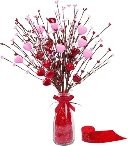 Valentine’s Day Gifts, Artificial Red Berry Flower Stems Heart Shaped Berry Picks 4 Pcs for Valentine’s Day, Mother’s Day Chrismas, Wedding, Propose(NO VASE)