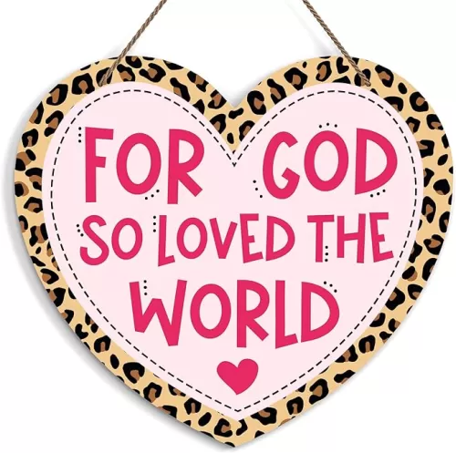 Valentines Heart Shaped Wall Decor Sign, Welcome Wooden Hanging Sign With Rope, For God So Loved The World Themed Wall Art Decorations for Home, Valentine's Day, Valentine's Day gift for Him Her, A13