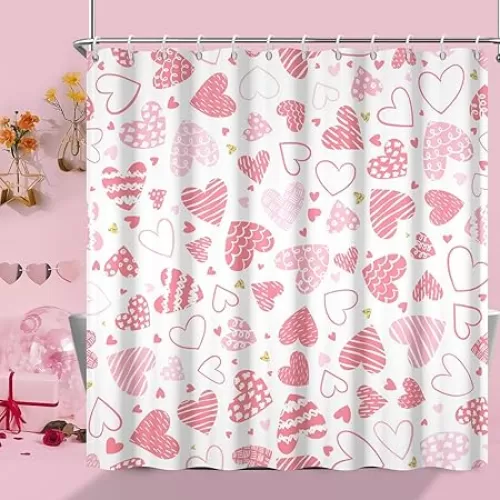 Valentines Shower Curtain, Sweet Pink Heart Shower Curtain Set with Hooks Waterproof White Bathroom Decor, 72x72 Inch