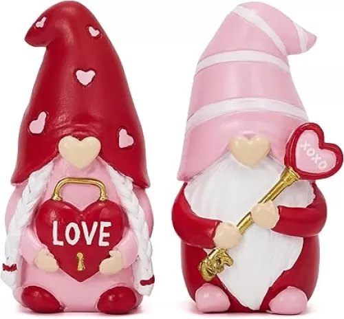 Valery Madelyn 2Pcs Valentines Gnomes Decoration，Heart Shaped Love XOXO Set Tiered Tray Table Home Decor, Red Pink Handmade Resin Sweet Gnome Figurine, Valentines Gift for Him Her, 3.1 Inch