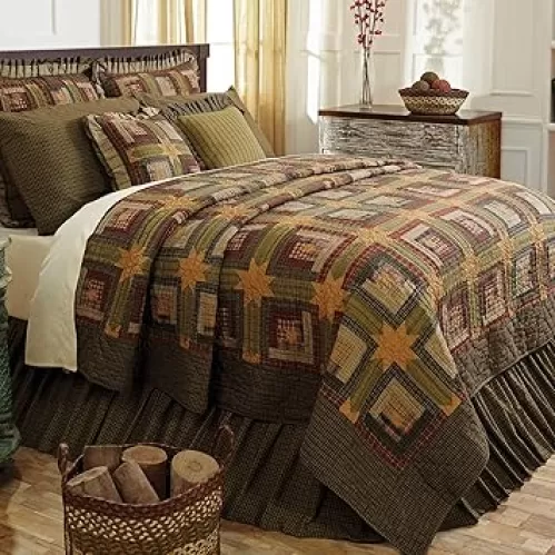 VHC Brands Tea Cabin Twin Quilt 70Wx90L Log Cabin Country Rustic Lodge Design, Moss Green and Deep Red