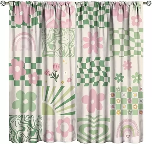 Vintage Groovy Curtains, Hippie Pink Green 60s 70s Abstract Geometric Plaid Floral Rainbow Heart Patchwork Window Treatments, Blackout Rod Pocket Drapes For Living Room Bedroom Bathroom 42x63in